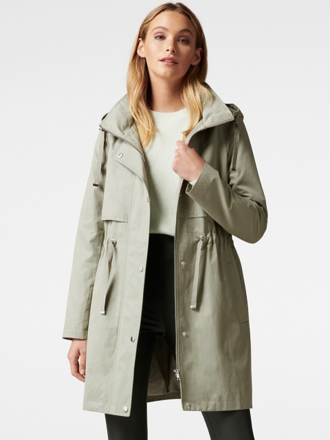 

Forever New Women Olive Green Solid Double-Breasted Hooded Trench Coat