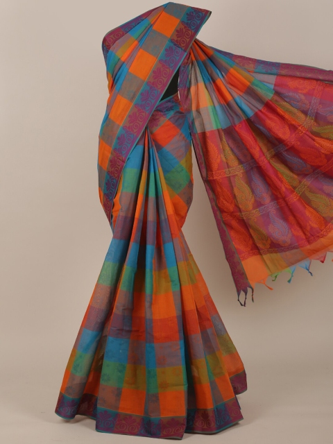 

Pothys Orange & Blue Checked Pure Cotton Saree