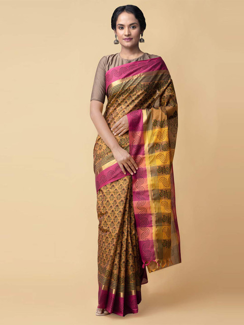 

Unnati Silks Brown & Pink Woven Design Pure Cotton Handloom Mangalagiri Saree