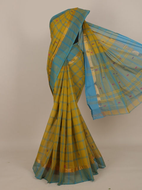 

Pothys Mustard & Blue Checked Pure Cotton Saree