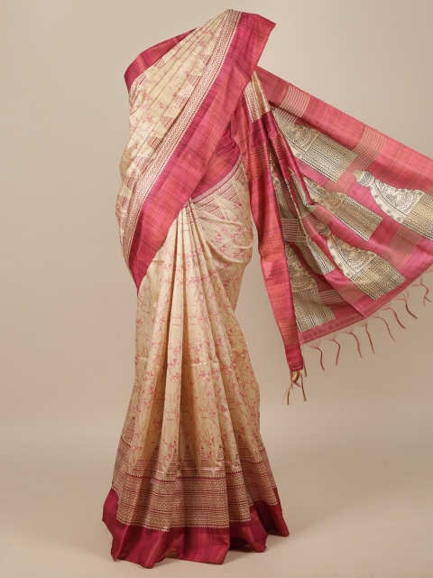 

Pothys Cream & Pink Batik Jute Silk Saree