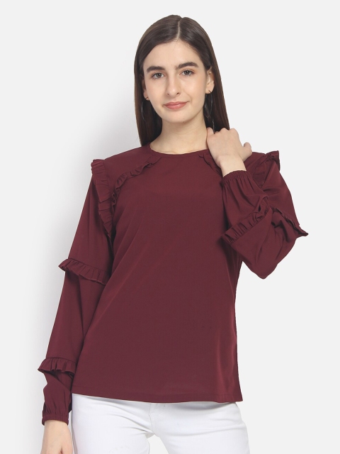 

Yaadleen Maroon Frilled Crepe Regular Top
