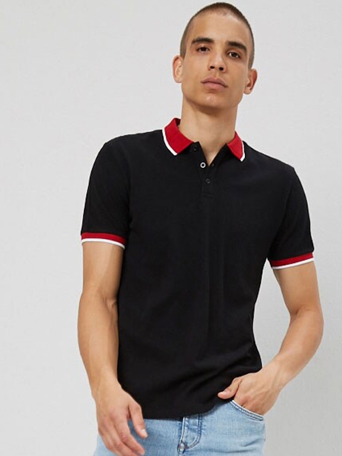 

FOREVER 21 Men Black & Red Polo Collar T-shirt