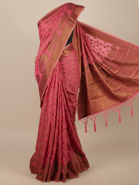 

Pothys Pink & Gold-Toned Woven Design Beads and Stones Jute Silk Saree