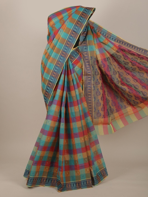 

Pothys Orange & Sea Green Checked Pure Cotton Saree