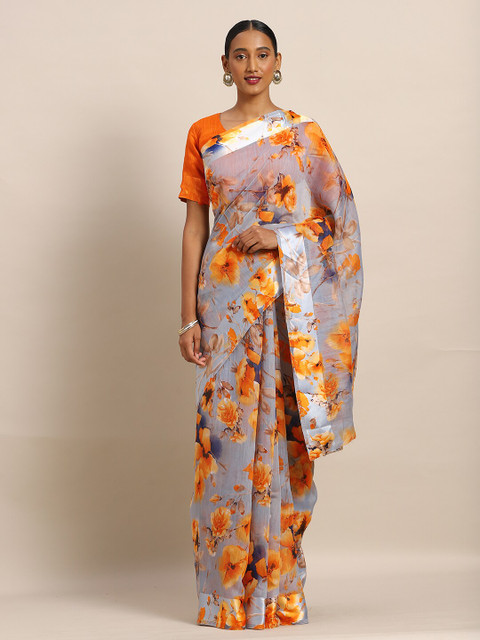 

Kvsfab Blue & Orange Floral Linen Blend Saree