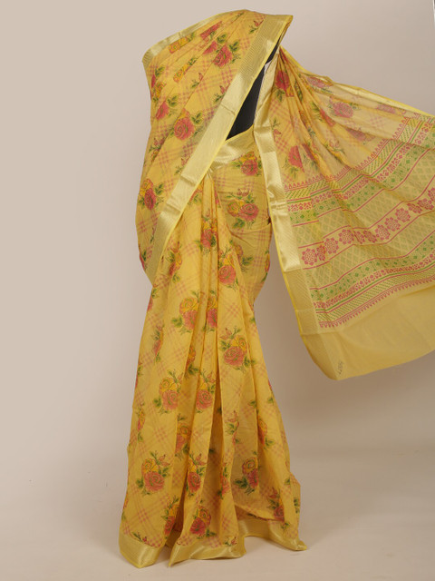 

Pothys Mustard Yellow & Pink Floral Saree