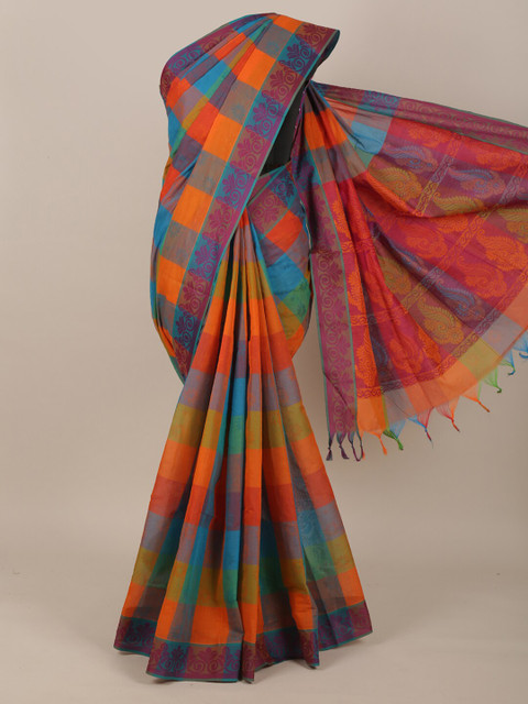 

Pothys Orange & Blue Checked Pure Cotton Saree