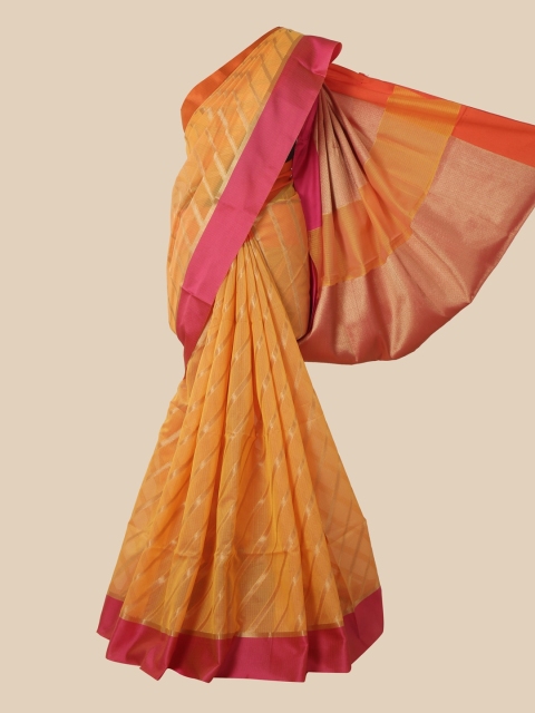 

Pothys Yellow & Pink Striped Supernet Saree