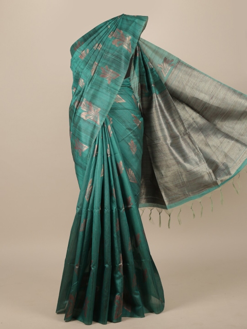 

Pothys Green & Grey Floral Jute Silk Saree