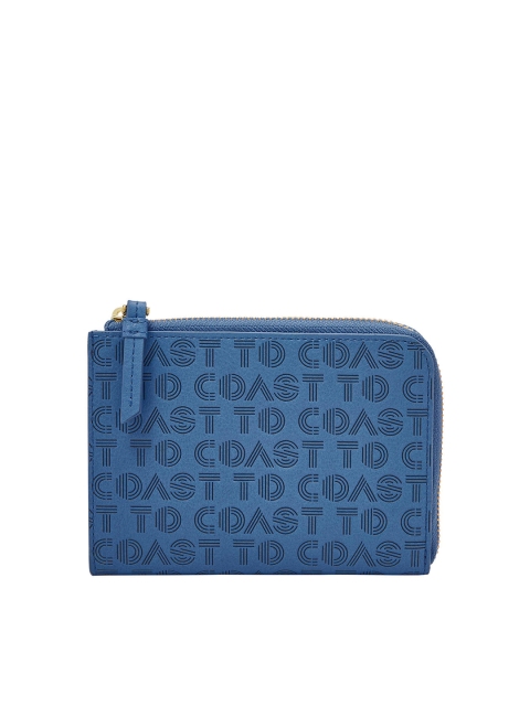 

Fossil Women Blue Typography Printed Zip Detail Leather Zip Around Wallet