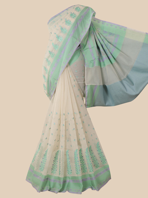 

Pothys Cream & Green Ethnic Motifs Embroidered Supernet Saree