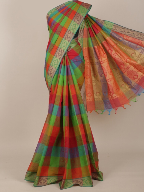 

Pothys Green & Orange Checked Pure Cotton Saree