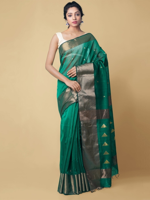 

Unnati Silks Green & Gold-Toned Zari Silk Cotton Maheshwari Saree