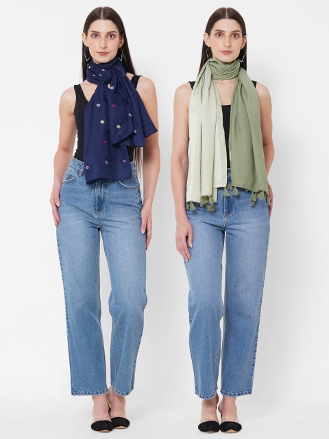 

Get Wrapped Women Navy Blue & Olive Green Pack of 2 Scarves