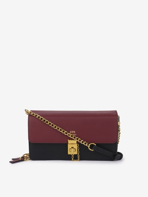

LYN Women Black & Maroon Colourblocked PU Zip Around Wallet with Sling Strap