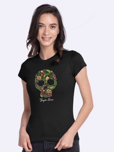 

Bewakoof Women Black Typography Printed Extended Sleeves T-shirt