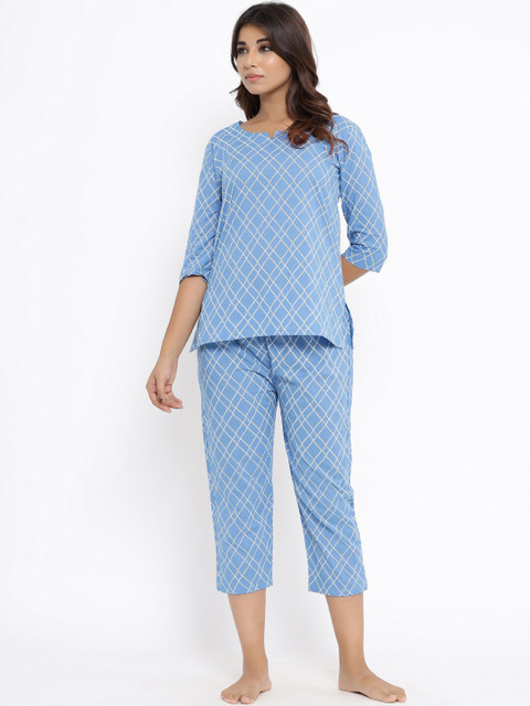 

ANAISA Women Blue & White Printed Night suit