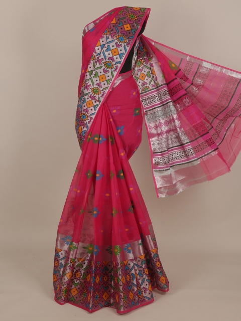 

Pothys Pink & Silver-Toned Ethnic Motifs Zari Pure Cotton Saree
