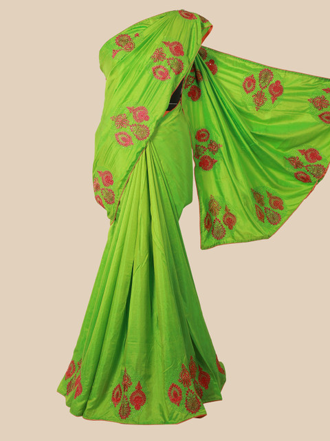 

Pothys Green & Pink Floral Embroidered Art Silk Saree