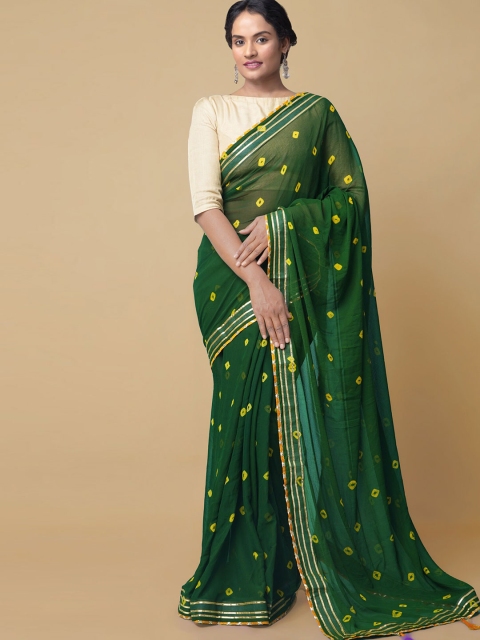 

Unnati Silks Green & Yellow Bandhani Gotta Patti Pure Chiffon Bhagalpuri Saree