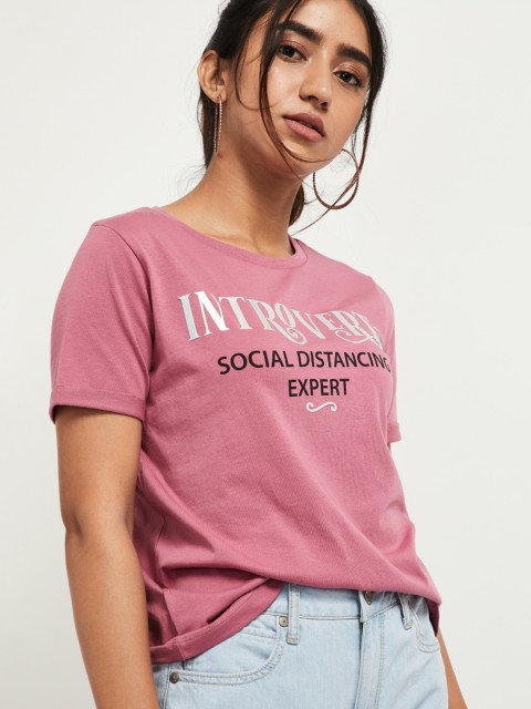 

max Women Mauve Typography Printed Cotton T-shirt