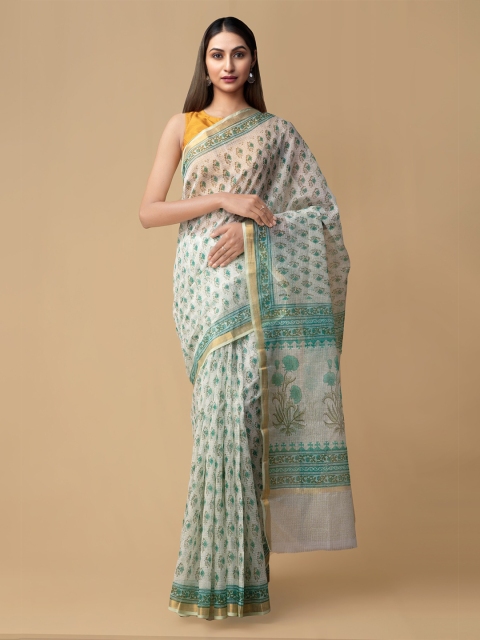 

Unnati Silks White & Green Floral Zari Supernet Block Print Saree