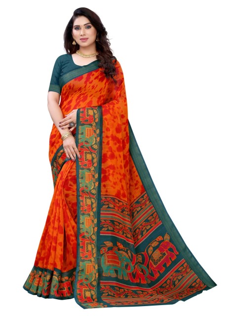 

KALINI Orange & Teal Floral Zari Saree