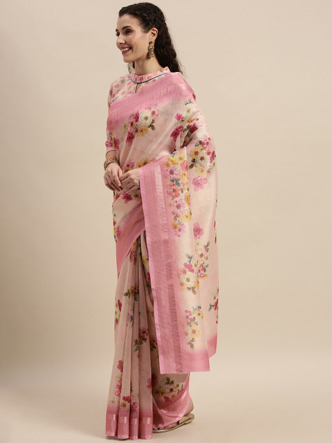 

Kvsfab Pink Floral Silk Cotton Saree