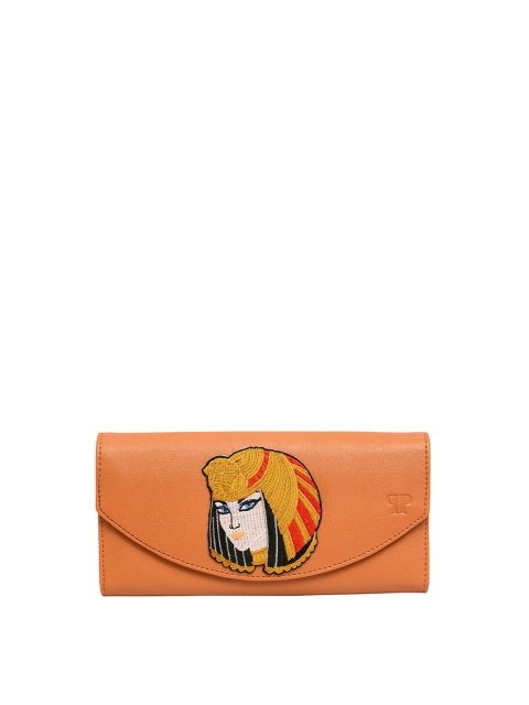 

Pink Potato Women Coral Orange & White Self Design Embellished Leather Envelope
