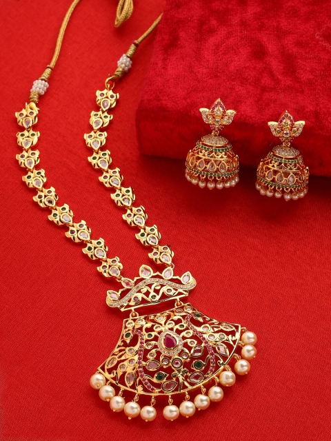 

THE AAB STUDIO Gold-Plated & Green Stones & Beads-Studded Jadau Jewellery Set