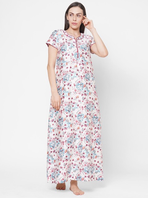 

Sweet Dreams Women White Printed Cotton Maxi Nightdress