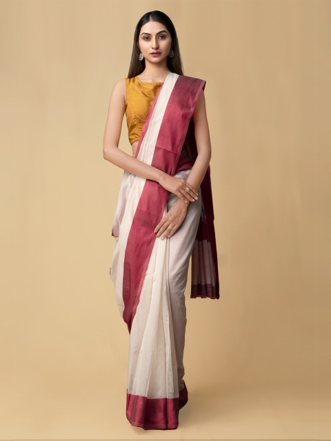 

Unnati Silks Cream & Maroon Silk Cotton Banarasi Handloom Saree