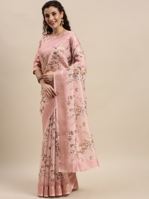 

Kvsfab Pink & Blue Floral Zari Silk Cotton Saree