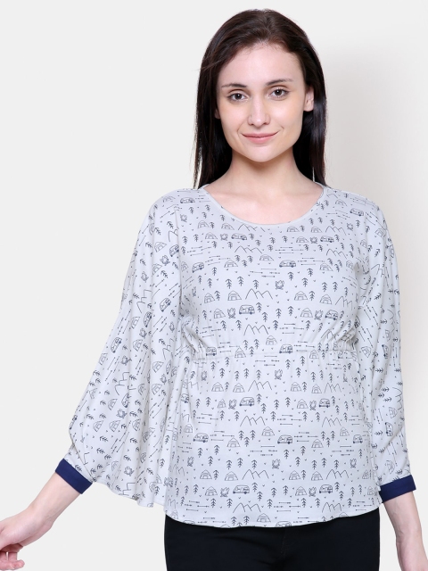

Yaadleen White Abstract Print Bell Sleeve Kaftan Top