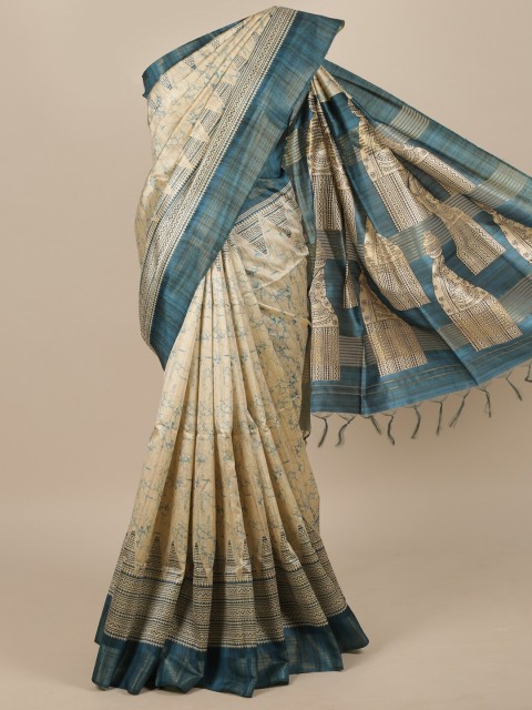 

Pothys Cream & Turquoise Blue Jute Silk Saree