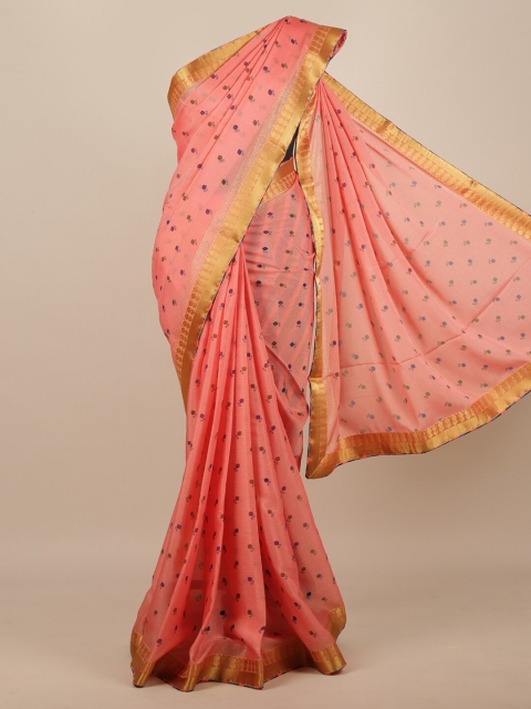 

Pothys Pink & Gold-Toned Floral Printed Poly Chiffon Saree
