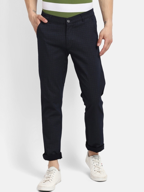 

V2 Value & Variety Men Navy Blue Checked Regular Trousers