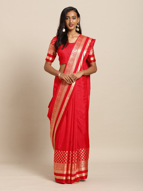 

Kvsfab Coral & Gold-Toned Woven Design Silk Blend Saree