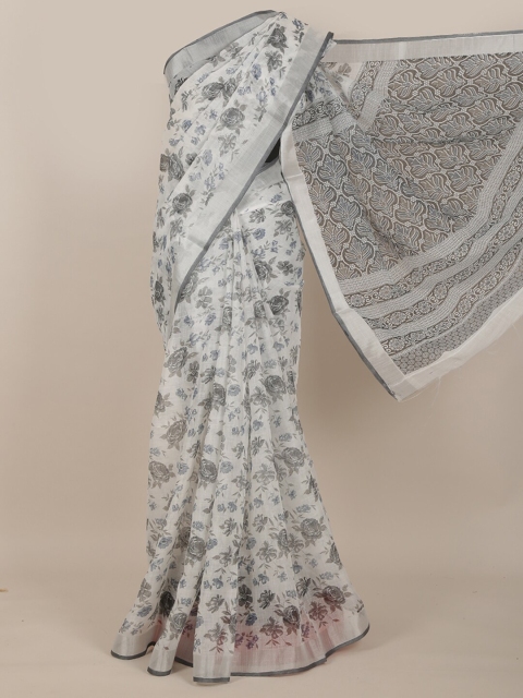 

Pothys White & Silver-Toned Floral Zari Saree