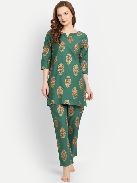 

Anubhutee Women Green & Yellow Printed Pure Cotton Night suit
