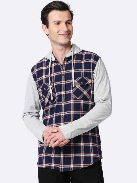 

Bewakoof Men Navy Blue & Grey Checked Hooded Casual Shirt