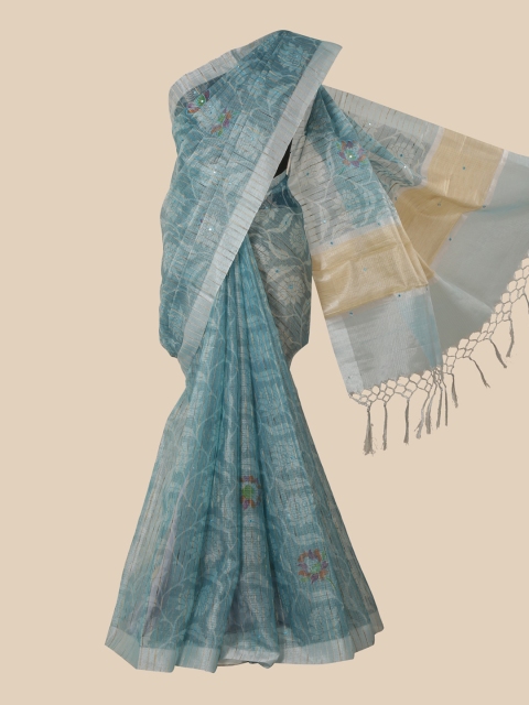 

Pothys Turquoise Blue & Grey Floral Tissue Saree
