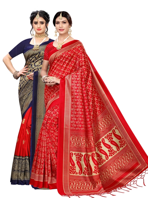 

KALINI Red & Navy Blue Pack of 2 Floral Art Silk Saree