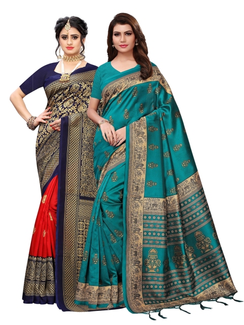 

KALINI Navy Pack of 2 Blue & Red Ethnic Motifs Art Silk Saree, Navy blue