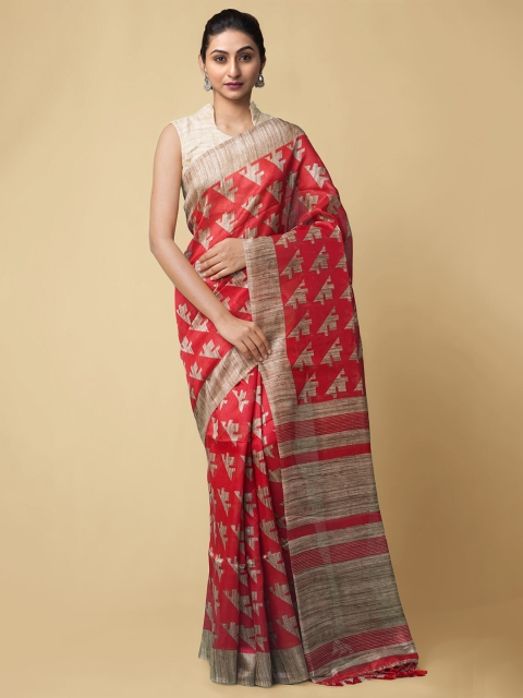 

Unnati Silks Red & Beige Pure Linen Handloom Jamdani Saree