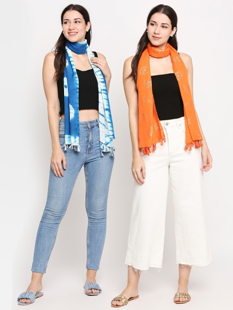 

Get Wrapped Women Orange & Blue Pack of 2 Printed Scarf