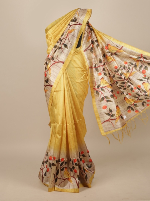 

Pothys Yellow & Cream-Coloured Ethnic Motifs Jute Silk Saree