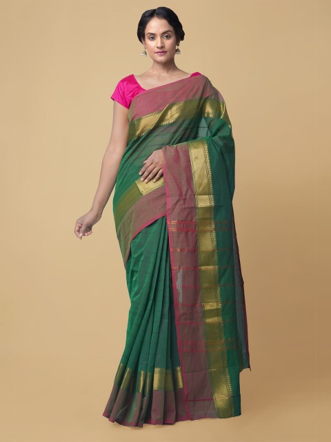 

Unnati Silks Green & Gold-Toned Woven Design Pure Cotton Uppada Saree