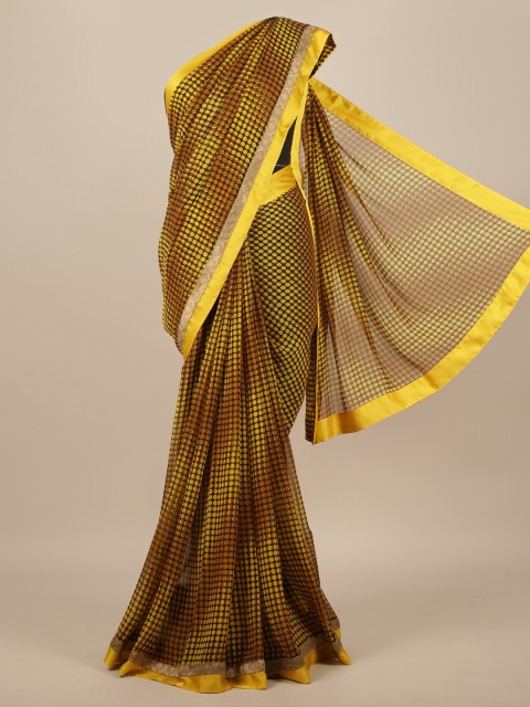 

Pothys Navy Blue & Yellow Printed Poly Chiffon Saree